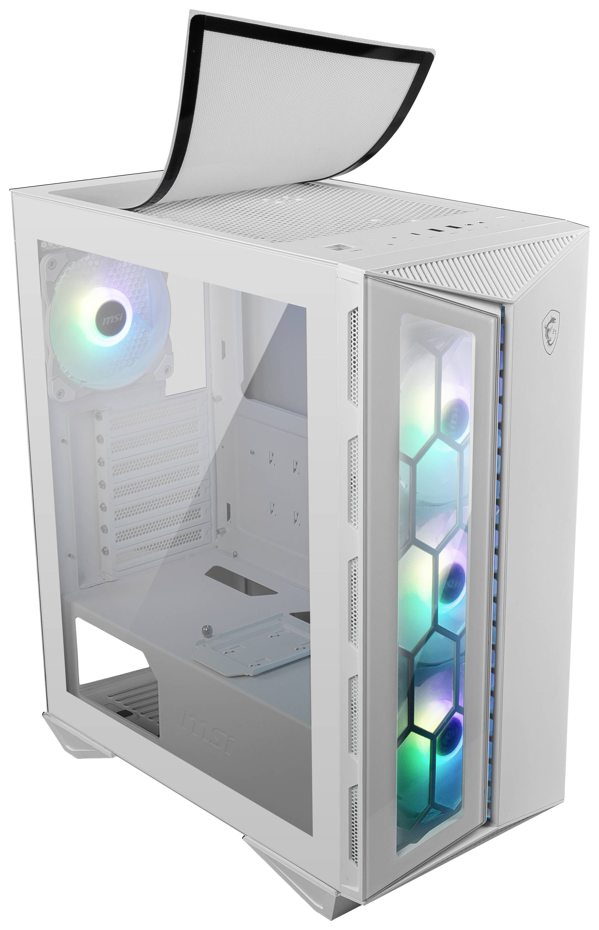 Wit computerbehuizing met transparant zijpaneel, toont ingebouwde RGB-verlichte ventilator en frontpaneel met lichtbalk.