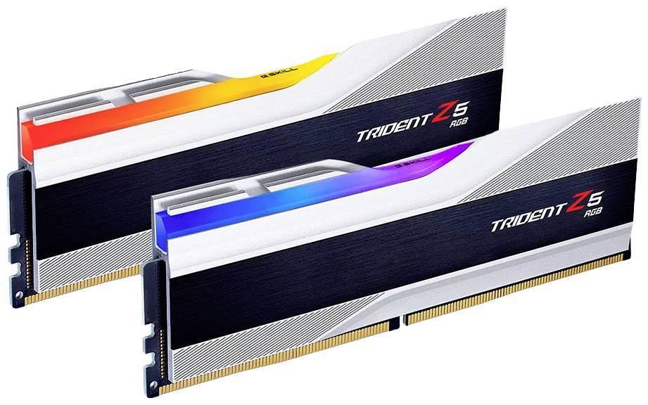 Twee RAM-modules met RGB-verlichting met het opschrift 'Trident Z5 RGB'. Ze zijn zwart, zilver en voorzien van kleurrijke LED-strips.