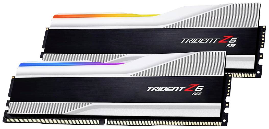 Pc-werkgeheugen (RAM) met RGB-verlichting, model 'Trident Z5'. Twee modules in een modern design met een zwart en zilver behuizing.