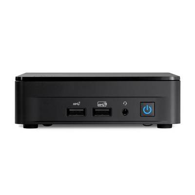 Een zwarte mini-pc van voren, met twee USB-poorten, een koptelefoonaansluiting en een blauwe netschakelaar.