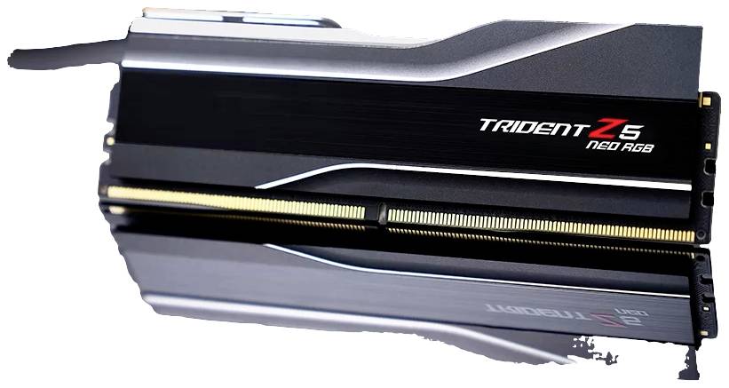 Een zwarte RAM-module met het opschrift 'Trident Z5 NEO RGB', een slanke en moderne ontwerp, vermoedelijk geschikt voor gaming-pc's.