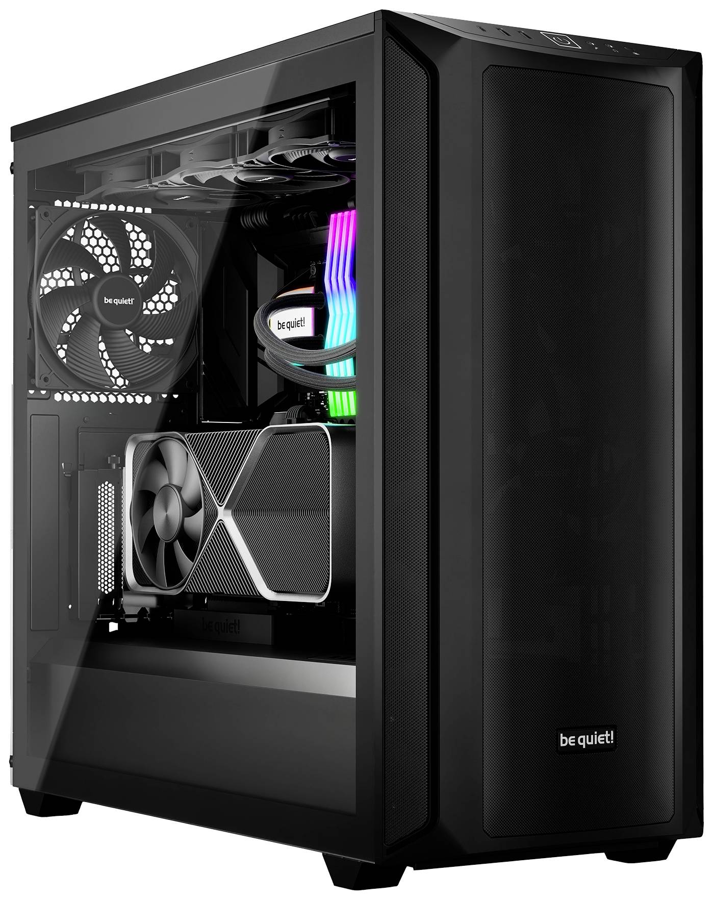 Een moderne gaming-pc met een transparant zijvenster, verlichte interne componenten en een grote ventilator aan de achterkant.