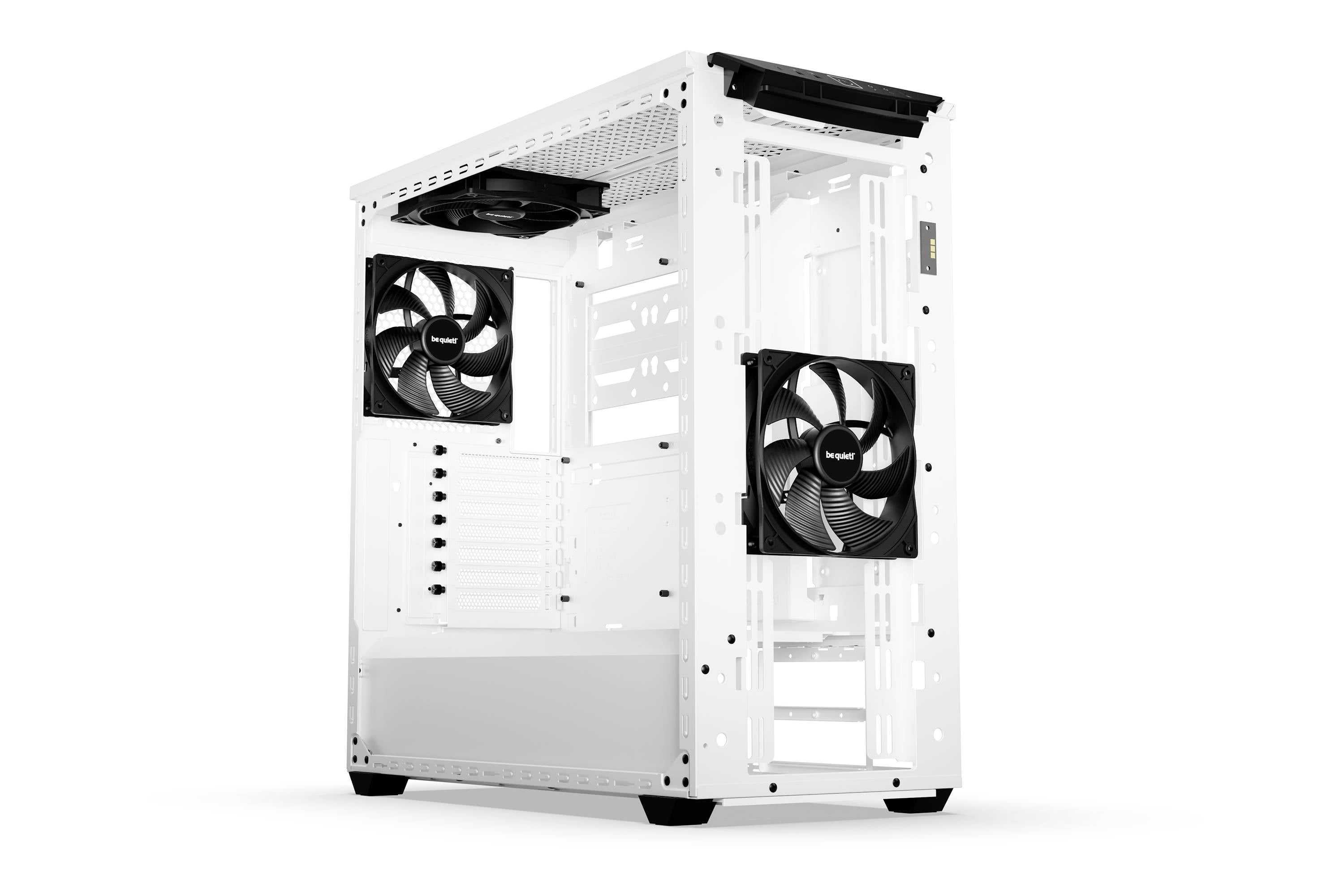 Een wit pc-behuizing met twee zichtbare ventilatoren, één aan de voorkant en één bovenaan. De behuizing is leeg en toont ruimte voor componenten.