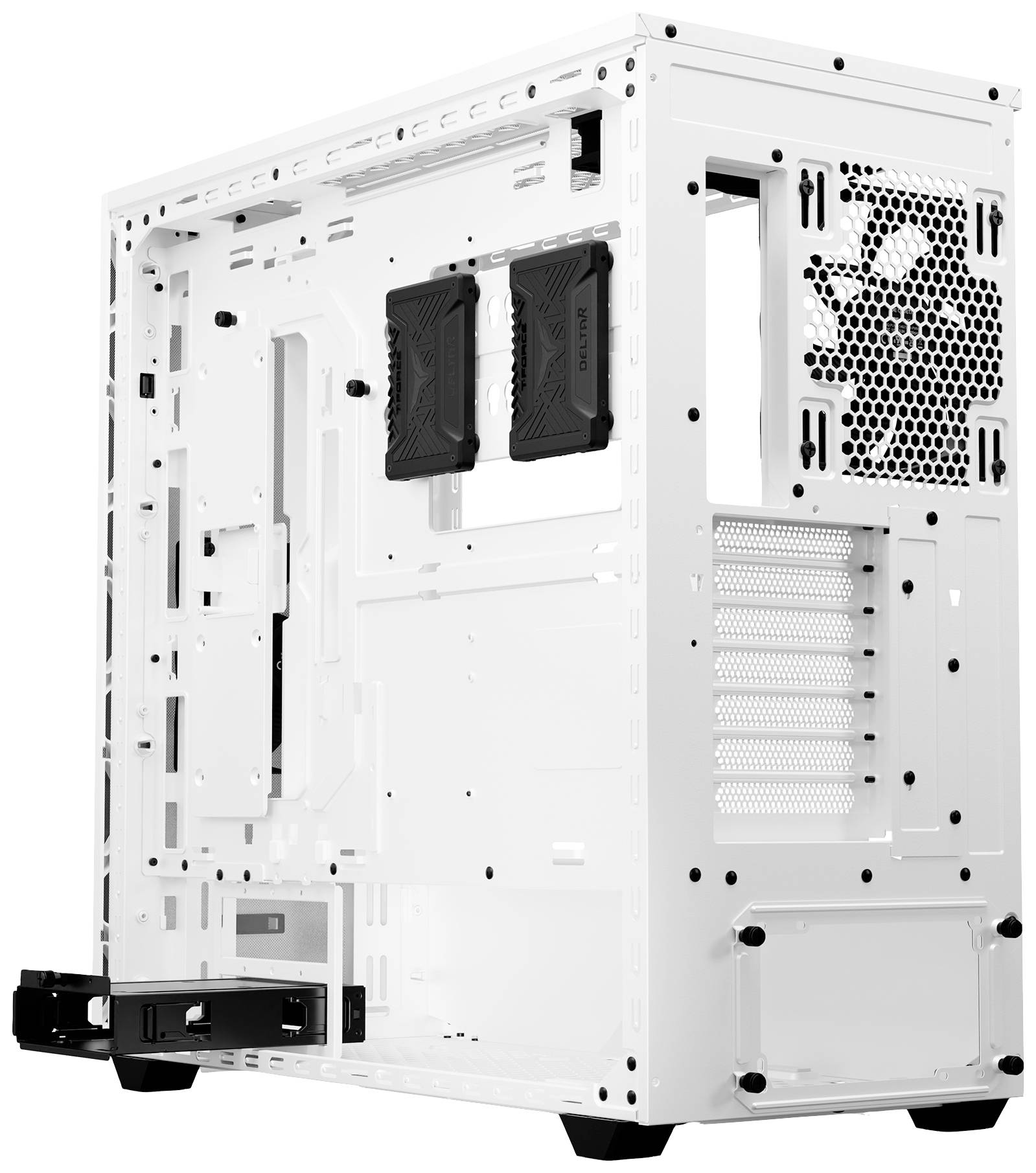 Een wit computerbehuizing zonder voorpaneel onthult de interne architectuur met ventilatiesleuven en schijfstations.