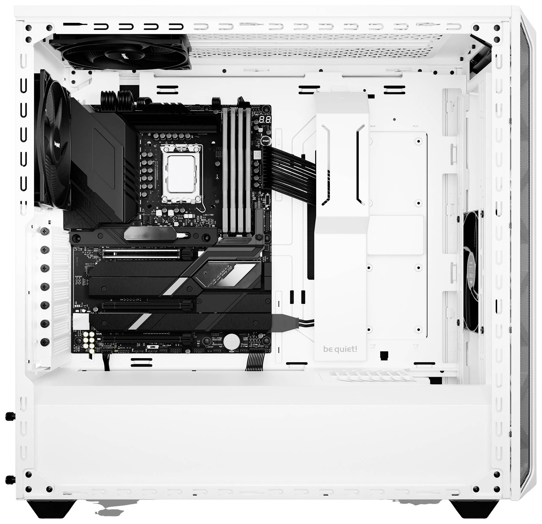 Witte pc-behuizing met open zijpaneel, toont geïnstalleerd moederbord, grafische kaart en ventilatoren. De behuizing oogt ruim.