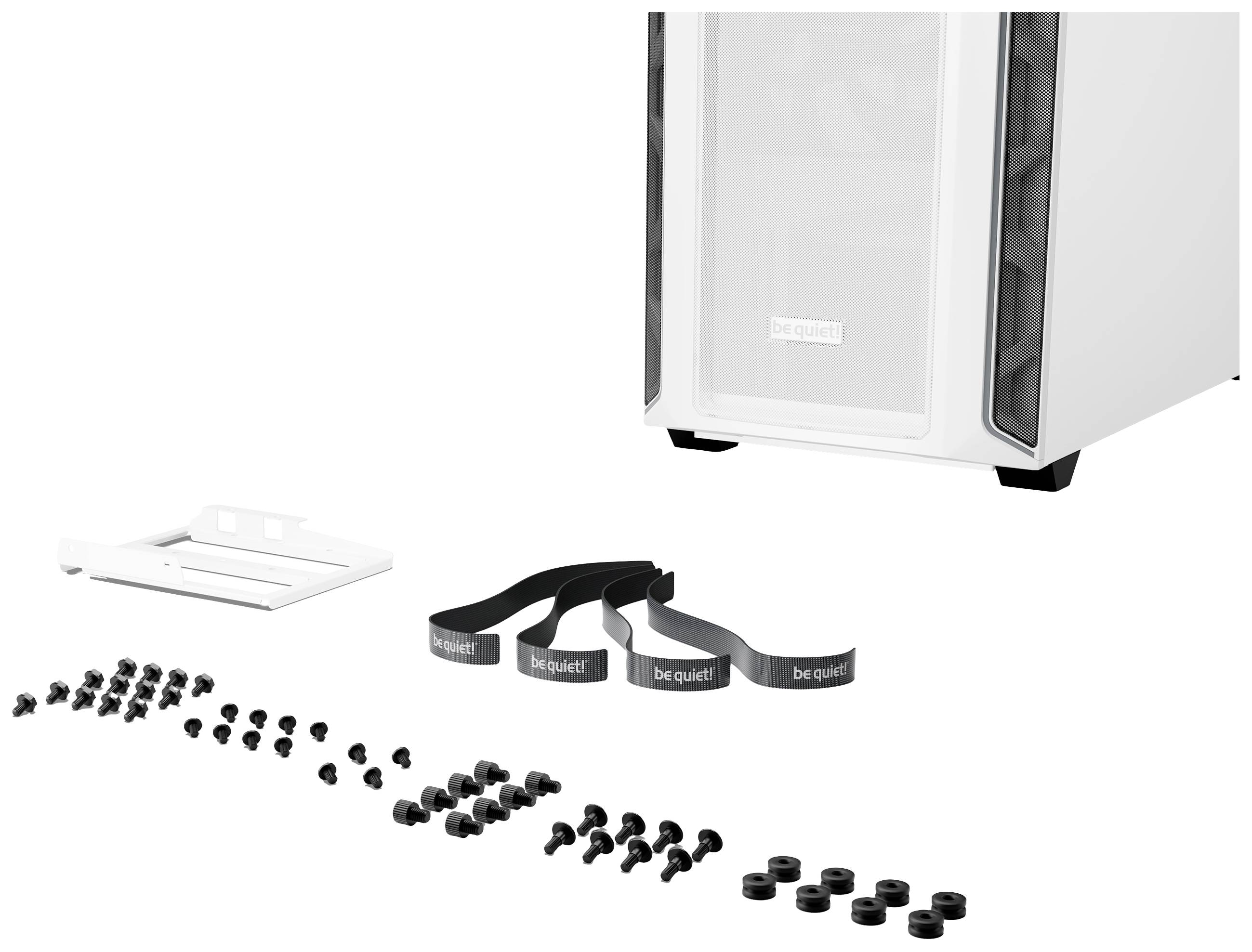 Een wit computerbehuizing van "be quiet!" met kabelbinders en schroeven op een rij ervoor, klaar om in elkaar gezet te worden.