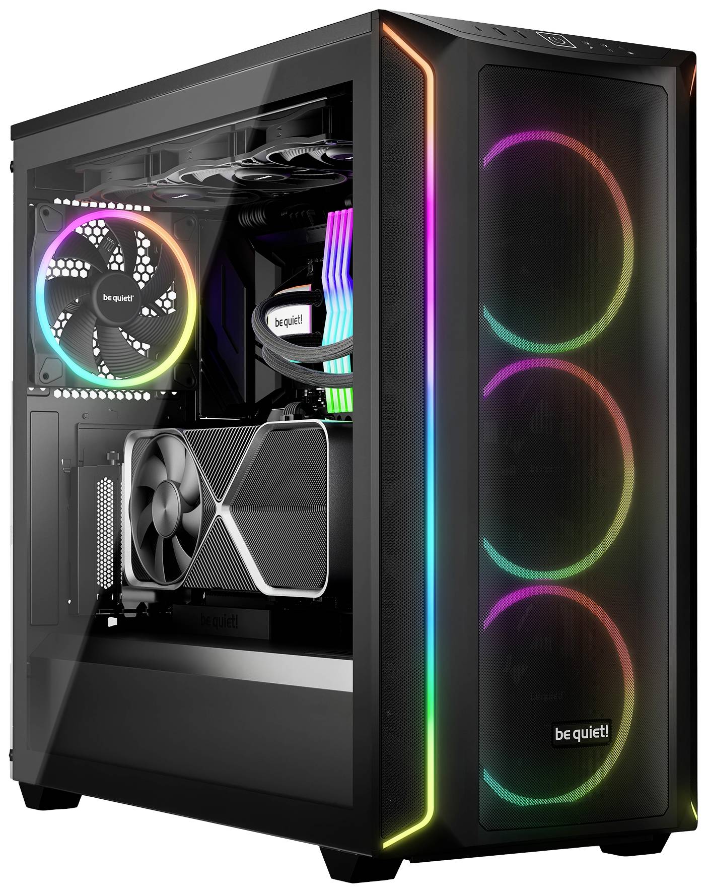 Een gaming-pc met verlicht behuizing. Drie ventilatoren met RGB-verlichting aan de voorkant, binnenin zijn ook andere gekleurde componenten zichtbaar.