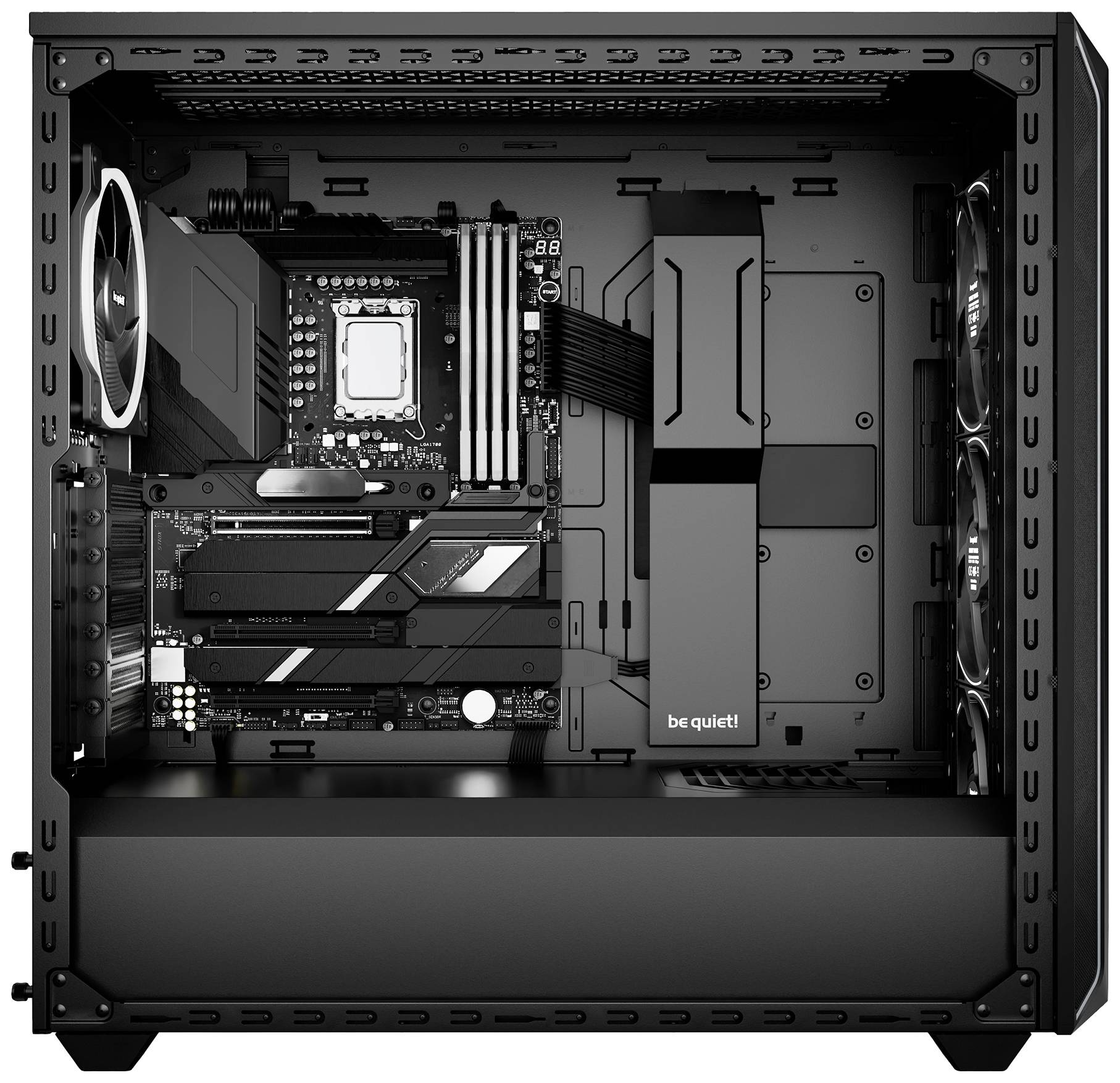 Computerbehuizing van binnen met zichtbaar moederbord, CPU-koeler, RAM en meerdere ventilatoren. Kabelbeheer is netjes uitgevoerd.