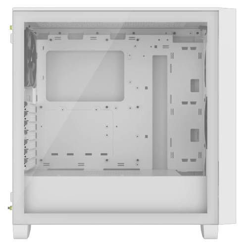 Pc-behuizing in het wit met een transparant zijpaneel. Binnenruimte toont bevestigingsplekken voor moederbord, aandrijvingen en ventilatoren.