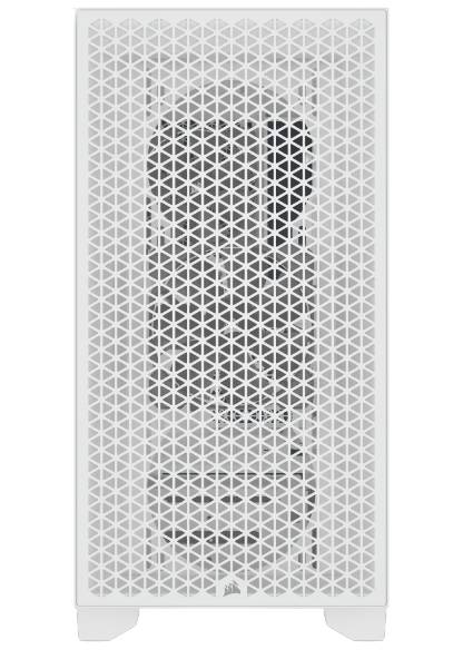 Een wit computerbehuizing met een geometrisch patroon aan de voorkant, dat ventilatie en bescherming tegen stof mogelijk maakt.