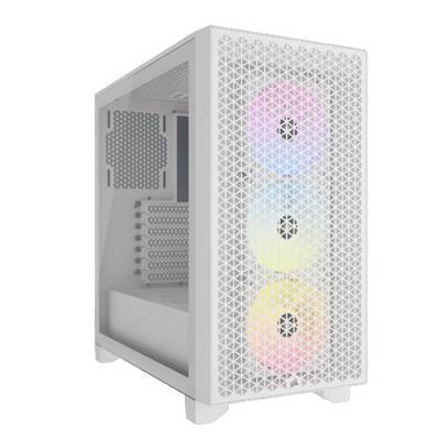 Een wit pc-behuizing met drie lichtgevende ventilatoren aan de voorkant, die roteren in verschillende felle kleuren.