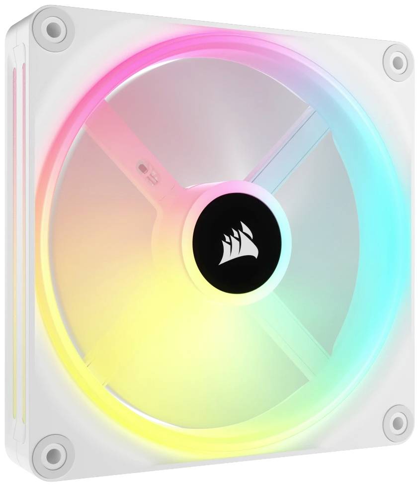 Pc-ventilator met RGB-verlichting in levendige kleuren; vierkant ontwerp met centraal merkenlogo.