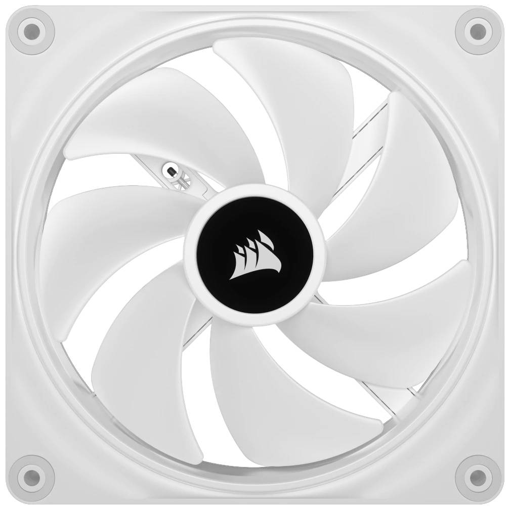 Een witte computerfan met negen bladen. In het midden bevindt zich een zwart logo in een grijze lijst.