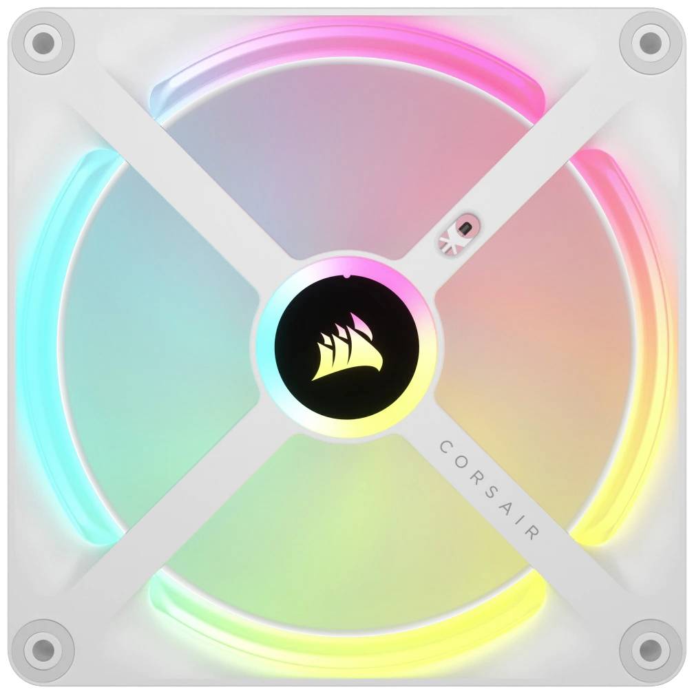 Pc-ventilator met kleurveranderende LED-verlichting in regenboogkleuren. Centraal logo en decoratieve lichtring benadrukken het ontwerp.