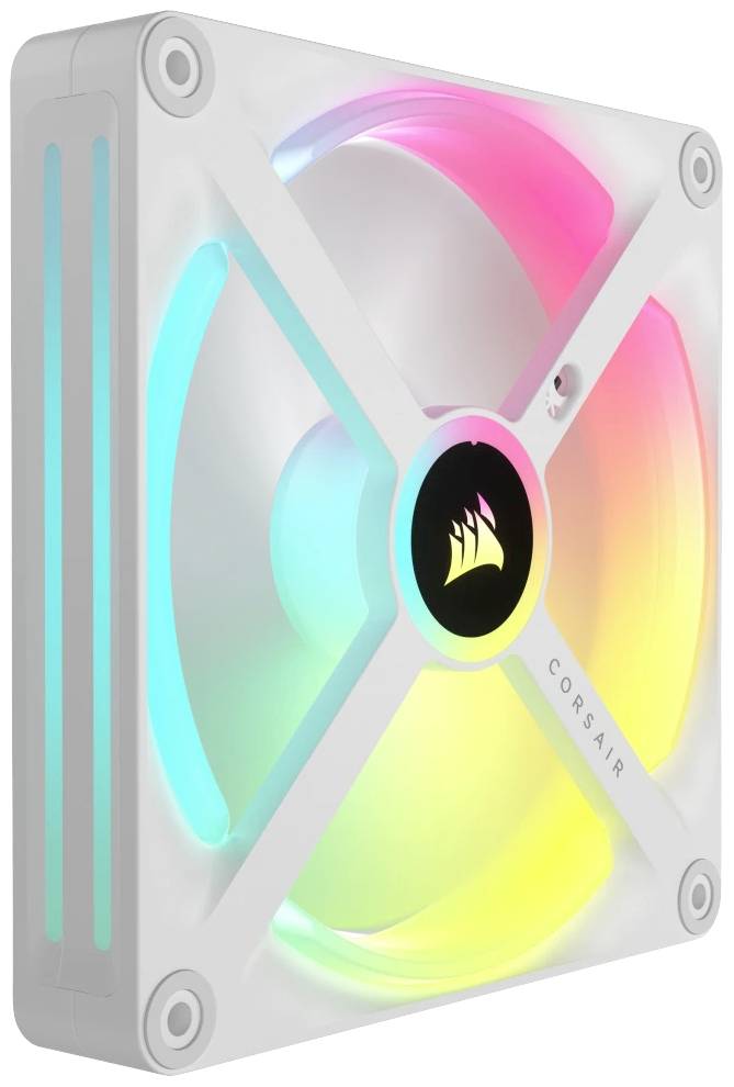 Corsair PC-ventilator in het wit, verlicht in regenboogkleuren.