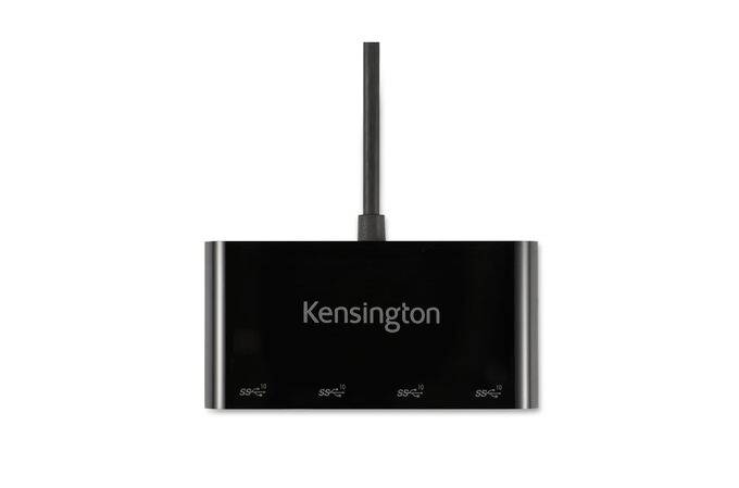 Een zwarte USB-hub met het opschrift 'Kensington' en vier USB-poorten aan de voorkant.