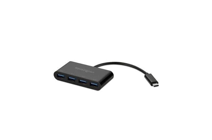 Een zwarte USB-C-hub met vier USB-3.0-poorten, waarmee meerdere apparaten kunnen worden aangesloten op één USB-C-poort.