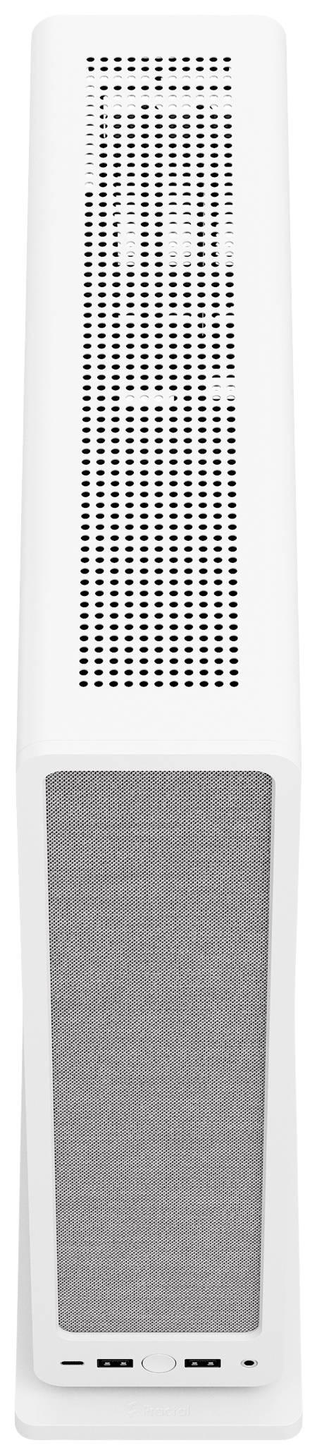 Witte, verticale luchtreiniger met een grijs rooster aan de voorkant. Modern, smal ontwerp.