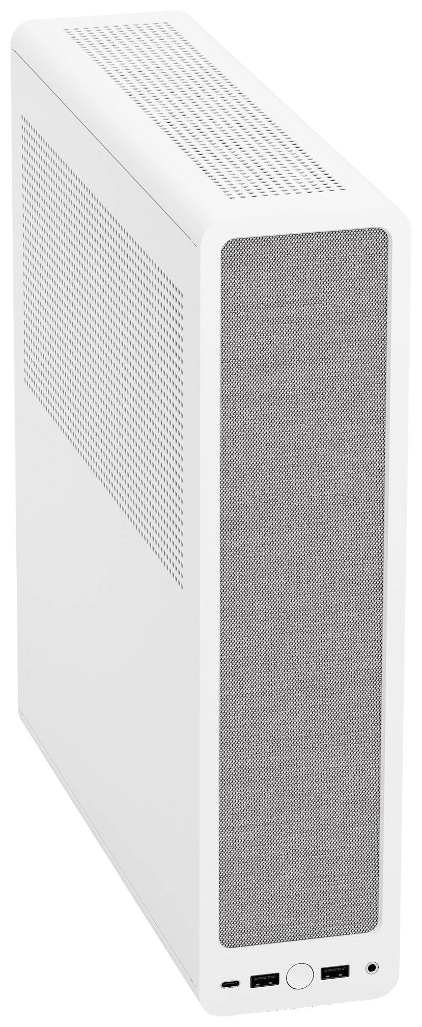 Een slanke, witte computertoren met een grijs frontrooster. Onderaan de voorzijde bevinden zich aansluitingen en een ronde aan/uit-knop.
