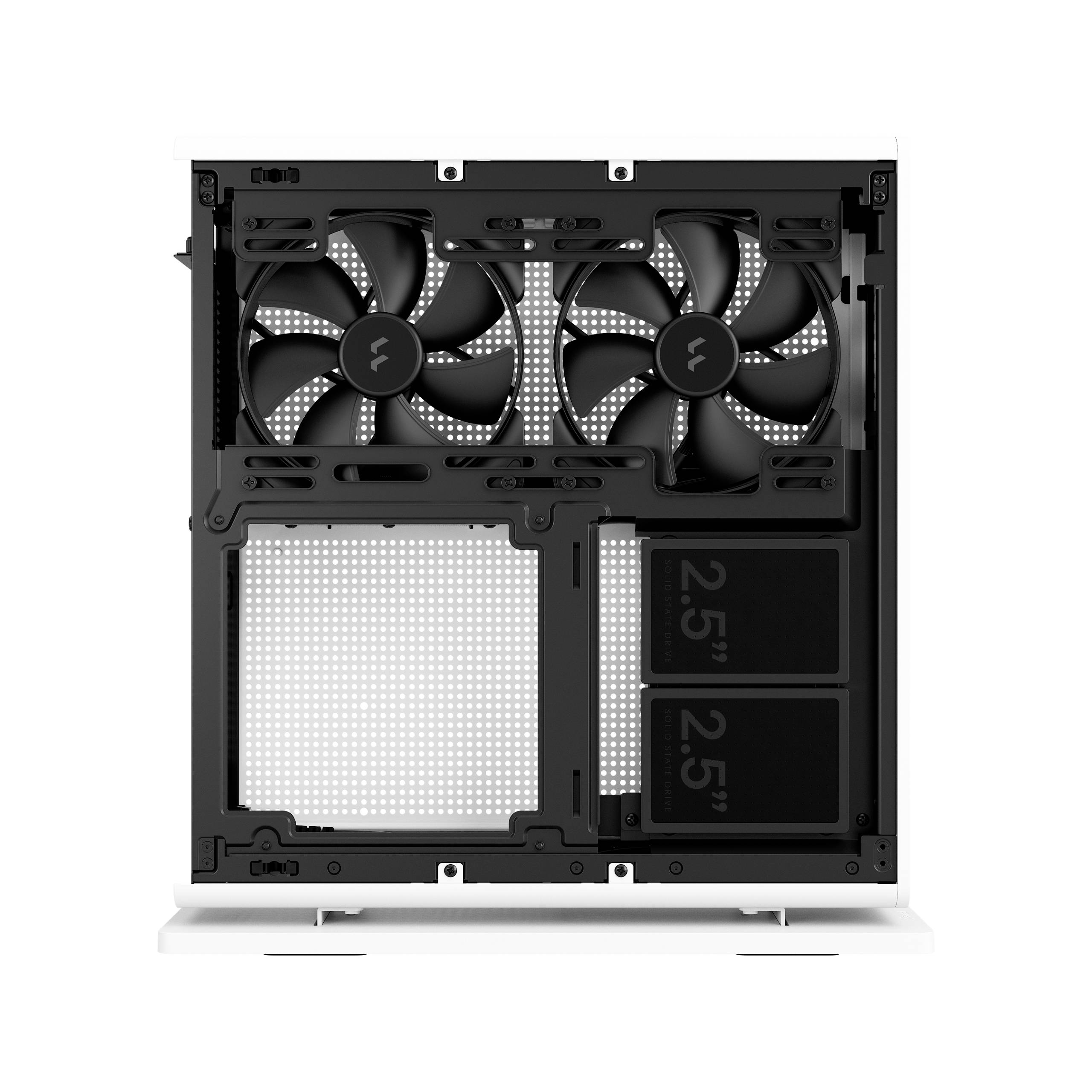 Binnenaanzicht van een pc-behuizing met twee ventilatoren en drie 2,5'' schijfhouders aan de rechterkant.