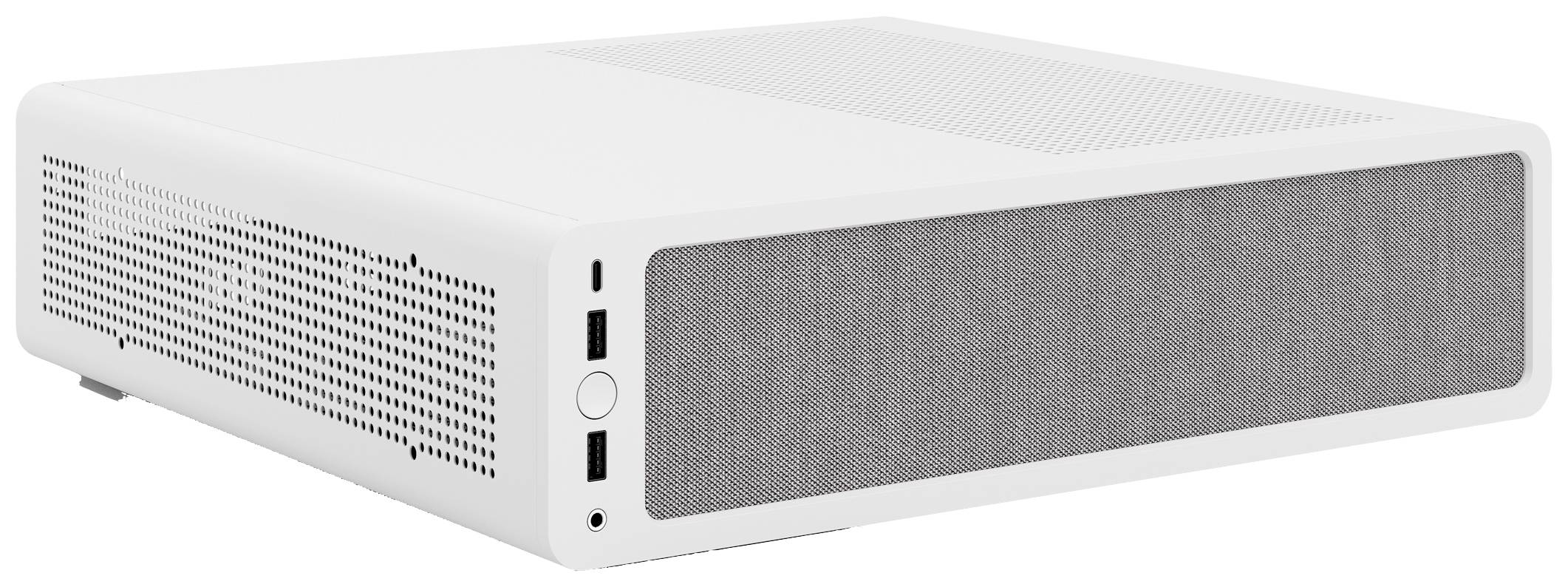 Wit computerbehuizing in horizontale uitvoering met zijdelingse ventilatiesleuven en twee USB-poorten aan de voorzijde.