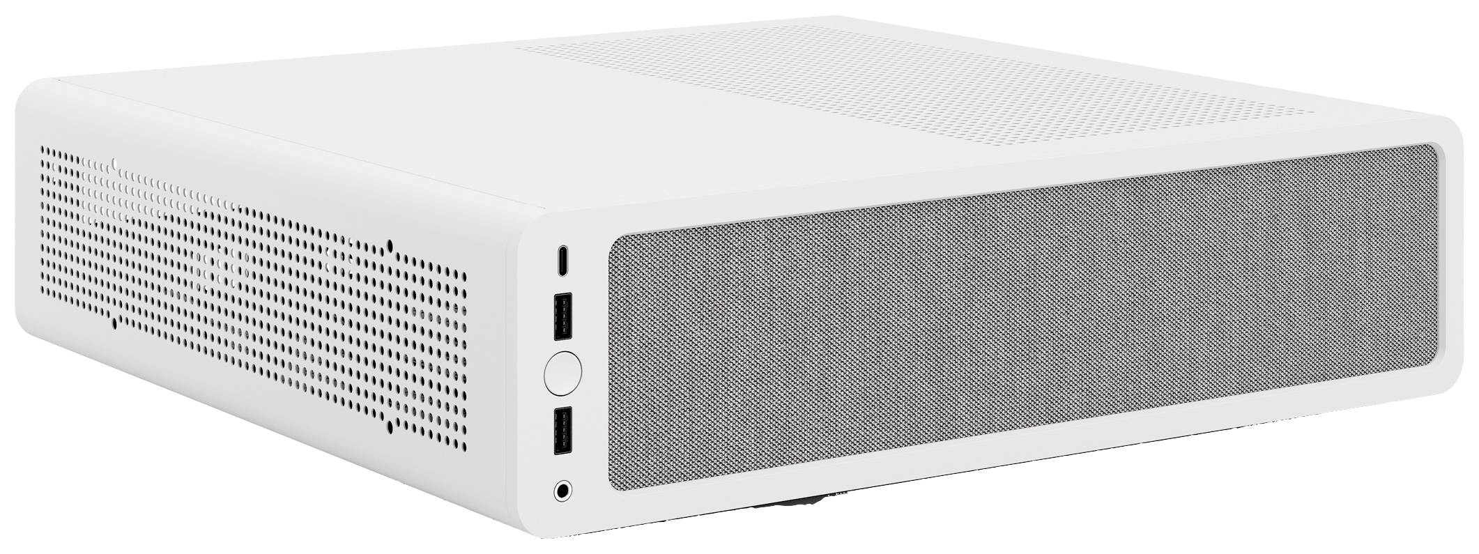 Een wit mini-pc-behuizing met mesh-voorkant voor ventilatie. Bevat twee USB-poorten en een aan/uit-knop aan de voorzijde. Geschikt voor compacte computers.