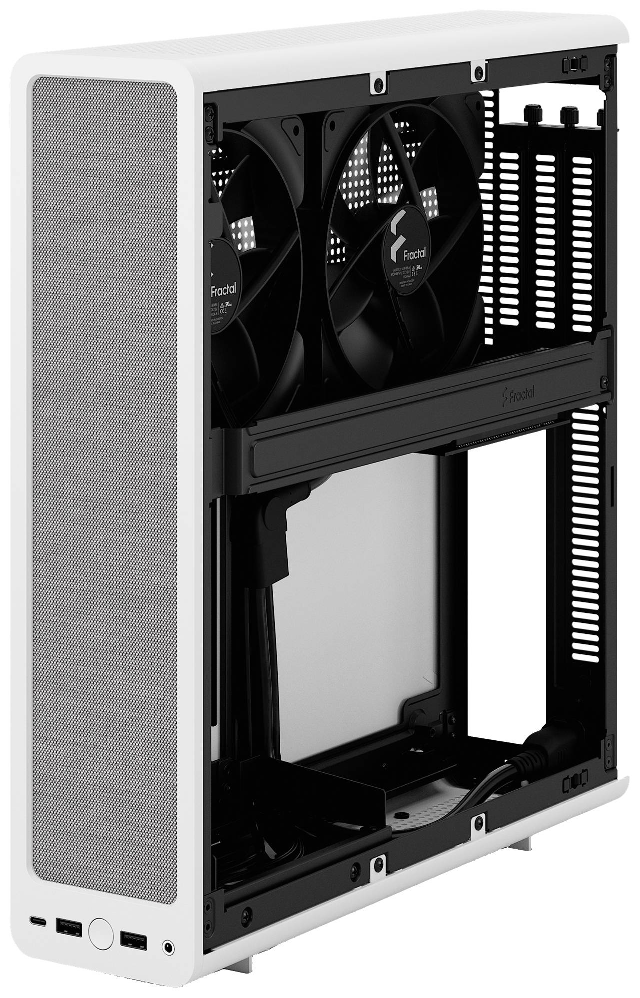 Een open computerbehuizing met twee grote ventilatoren bovenaan, in zwart-wit kleurencombinatie, geschikt voor compacte pc-builds.