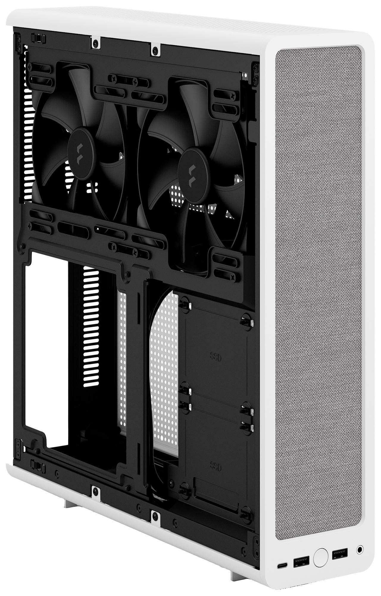 Een wit, open pc-behuizing met twee grote ventilatoren aan de zijkant en een grijze voorpaneel. Slank, modern design.
