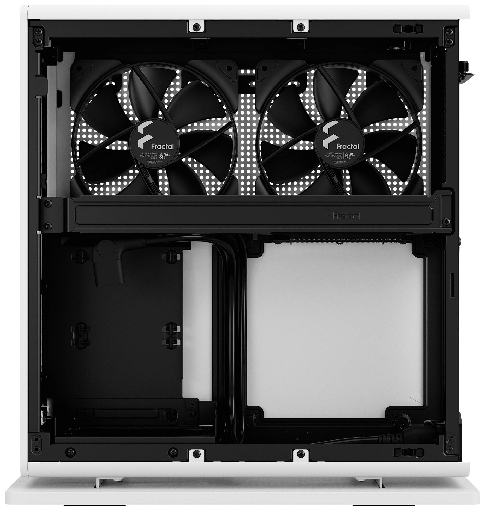 Computerbehuizing in het wit met twee grote ventilatoren aan de binnenkant. De behuizing toont een goed georganiseerde schikking van de componenten.