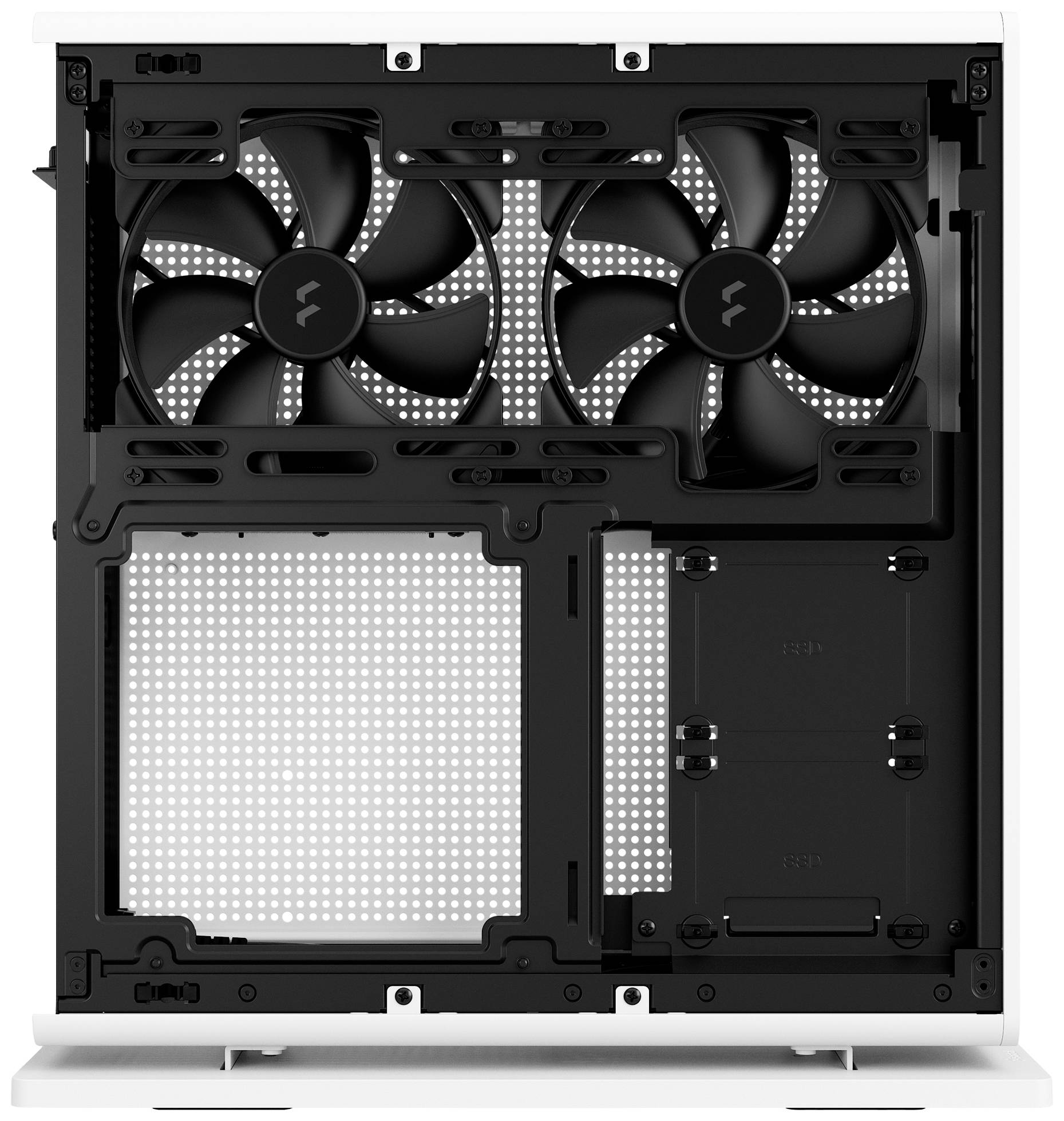 Computerbehuizing van binnen met twee grote ventilatoren bovenaan. Luchtstroom-ontwerp voor koeling zichtbaar. Geschikt voor krachtige pc's.