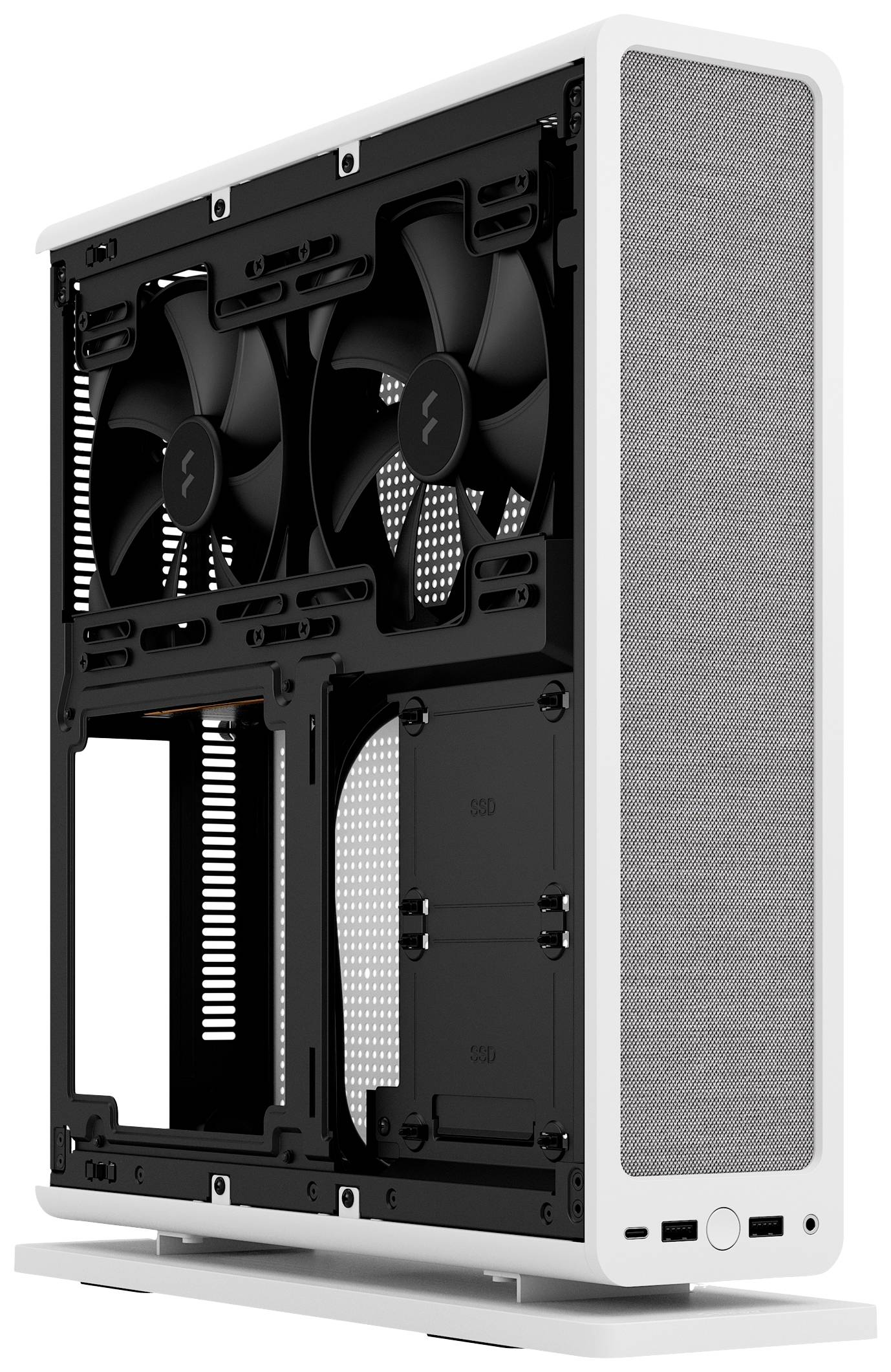 Een pc-behuizing in het wit met twee grote ventilatoren, open zijpanelen en ruimte voor interne componenten. Minimalistisch design.