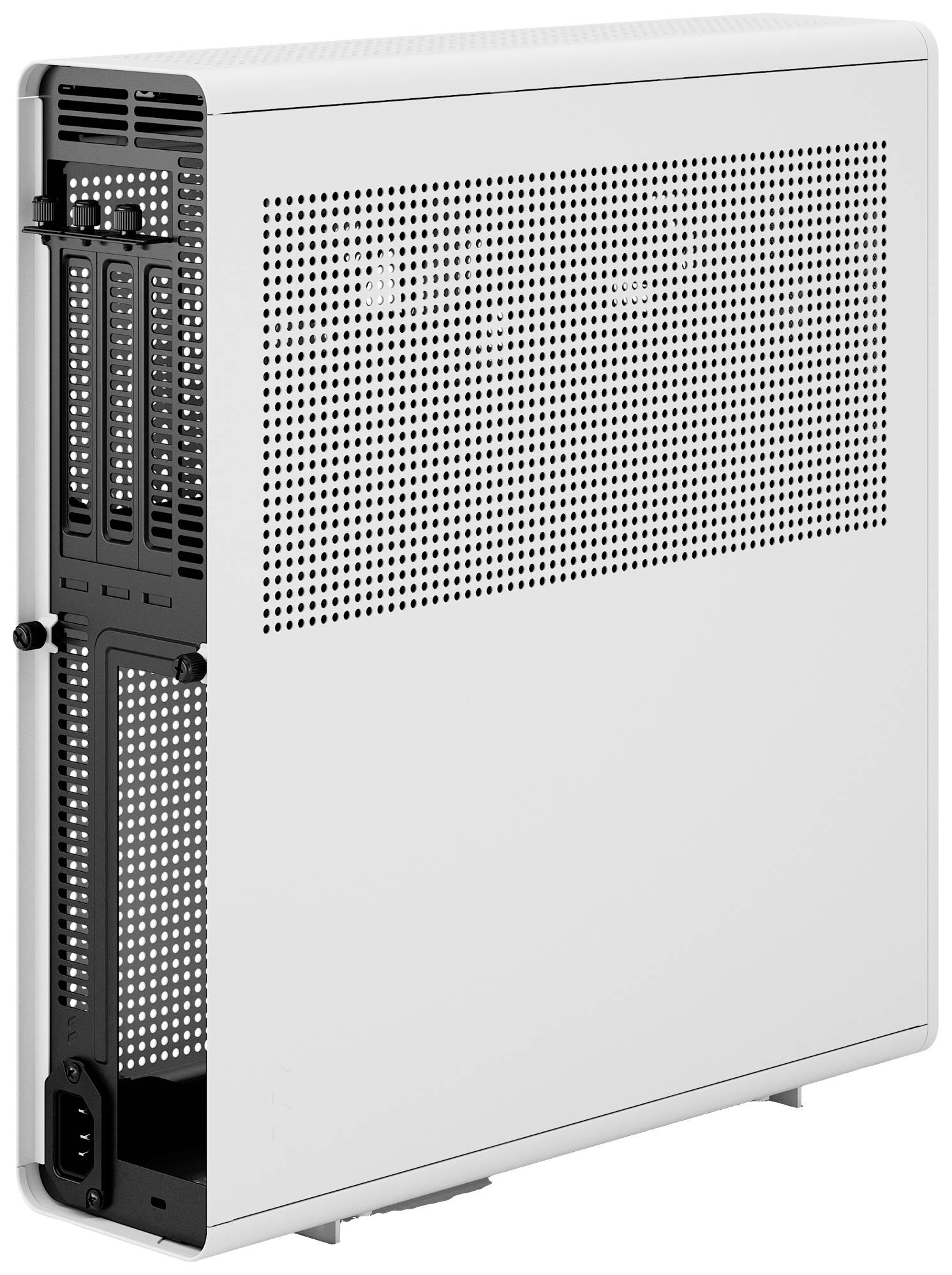 Een wit computerbehuizing met geperforeerde zijwand, toont ventilatiesleuven en aansluitingsmogelijkheden aan de achterkant.