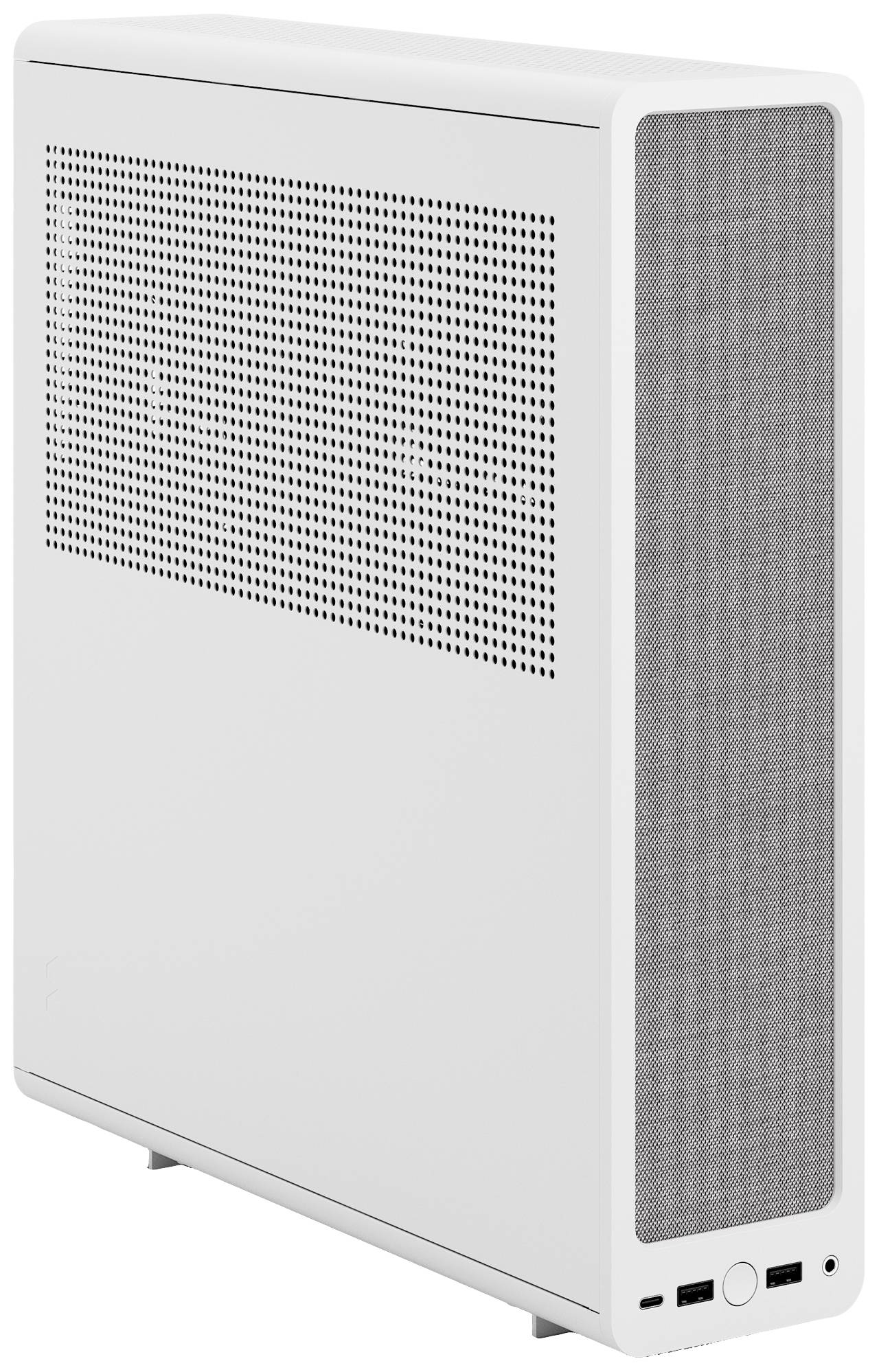 Een wit, modern computerbehuizing met ventilatiesleufjes aan de zijkant en aansluitingen aan de voorkant; verticale uitlijning.
