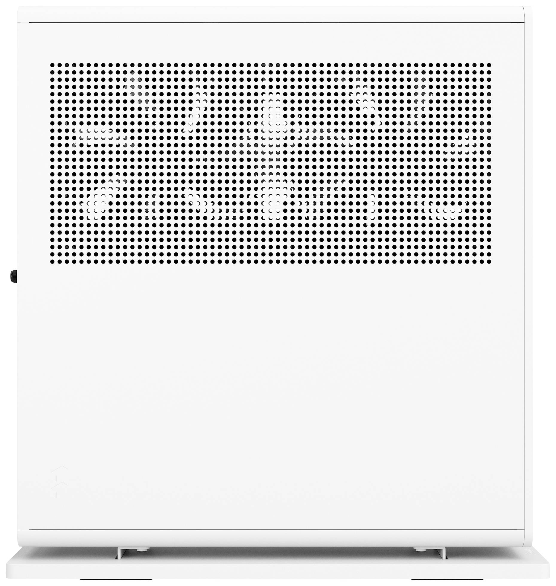 Een wit computerbehuizing getoond van opzij met geperforeerde ventilatie en een minimalistisch design. De standaard is zichtbaar.