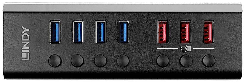 Een USB-hub met acht aansluitingen, waarvan vier blauw en vier rood gemarkeerd. Twee symbolen eronder geven de laadmogelijkheid aan.