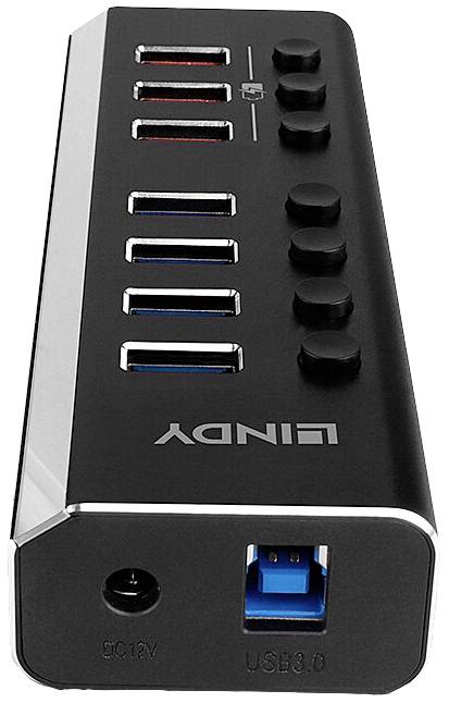 USB-hub met meerdere poorten en schakelaars, geschikt voor het uitbreiden van USB-connectiviteit.