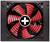 Een zwarte computerventilator met rode schoepen op een zwarte achtergrond, in het midden een wit kruis in een cirkel.