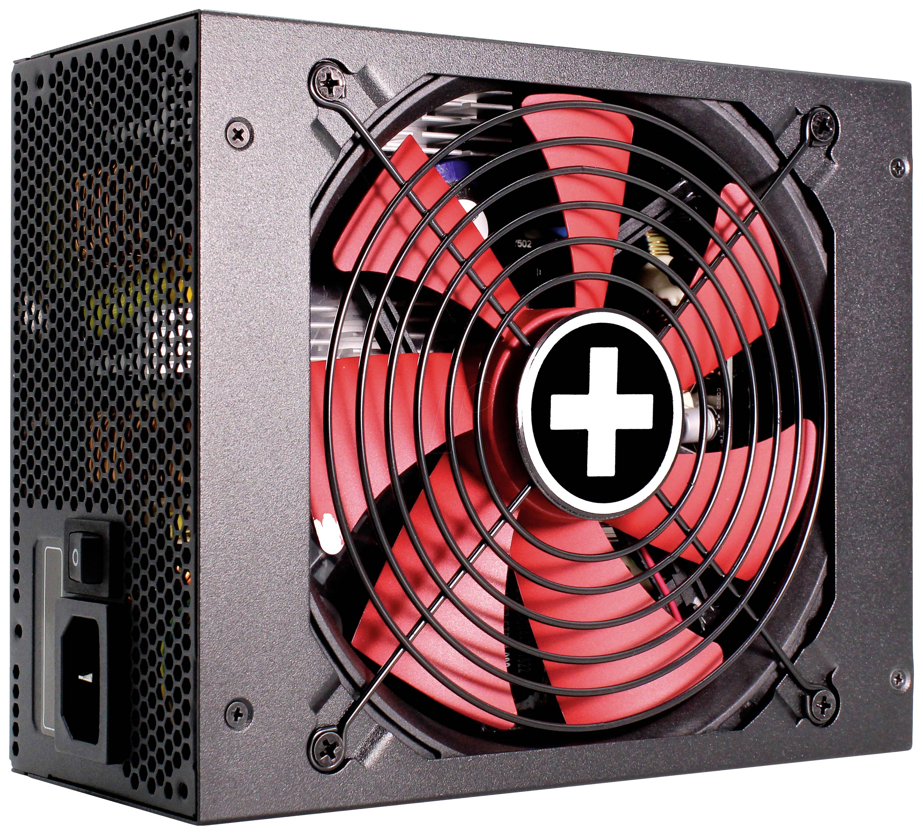 Een zwarte computervoeding met een opvallende rode ventilator en een plusteken in het midden.