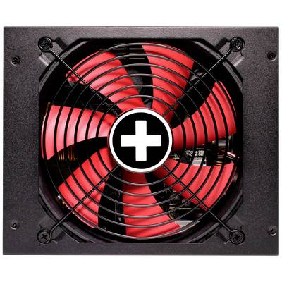 Een zwarte computerventilator met rode propellerbladen en een wit plusteken in het midden.