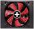 Een zwarte computerventilator met rode propellerbladen en een wit plusteken in het midden.