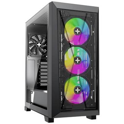Computertoren met glazen voorkant, drie verlichte ventilatoren met RGB-verlichting aan de voorzijde. Zwart frame, ventilatiesleuven aan de zijkant.