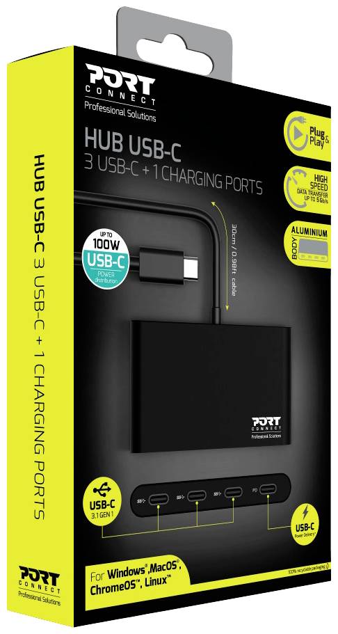 'Port Connect USB-C Hub' verpakking toont een USB-C-hub met drie USB-C- en één oplaadpoort. Compatibel met Windows, MacOS, ChromeOS, Linux. Ondersteunt 100W.