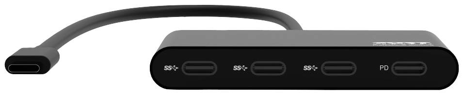 Een zwarte USB-C-hub met een kabel toont vijf aansluitingen: vier USB-C gemerkt met 'SS+', één met 'PD' voor stroomvoorziening.