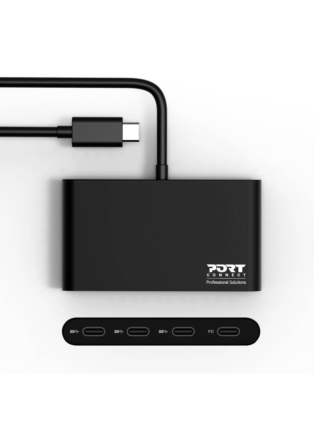 USB-C-hub met vijf aansluitingen: vier USB-C-poorten en één PD (Power Delivery)-poort. Merk 'PORT Connect'.