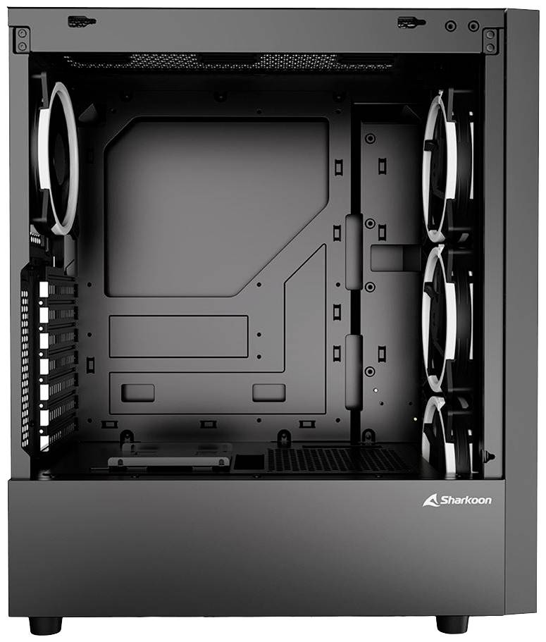 Zwart pc-behuizing met transparant zijpaneel; vier ventilatoren geïnstalleerd; ruimte voor moederbord en overige componenten.