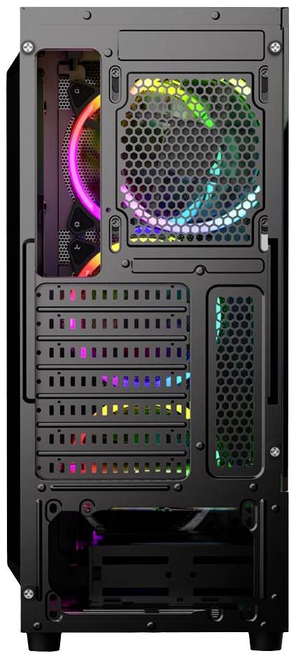 De achterkant van een computerbehuizing met meerdere ventilatorposities en kleurrijke LED-verlichting.