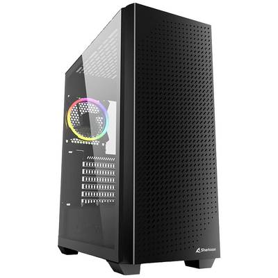 Zwart computerbehuizing met geperforeerde voorkant en zijraam, toont interne RGB-verlichte ventilatoren.