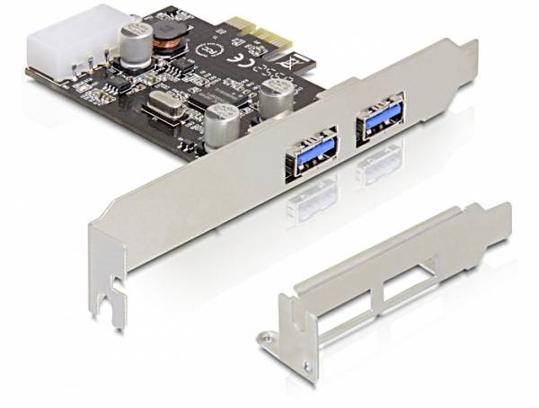 Een PCIe-kaart met twee blauwe USB 3.0-poorten. De kaart heeft een zwarte printplaat en zilveren aansluitbeugels.