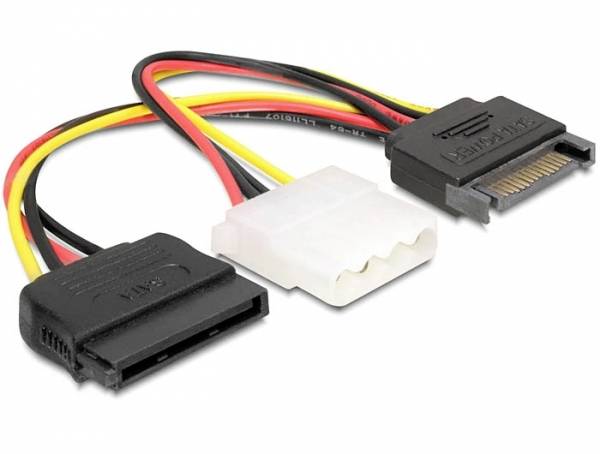 Adapterkabel: Molex-naar-SATA-stroomaansluiting met drie aansluitingen in zwart en wit. Voor stroomvoorziening van pc-componenten.