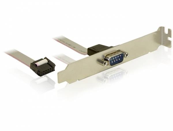 Een seriële interfacekaart met één poort en platte kabel voor interne montage in computers.
